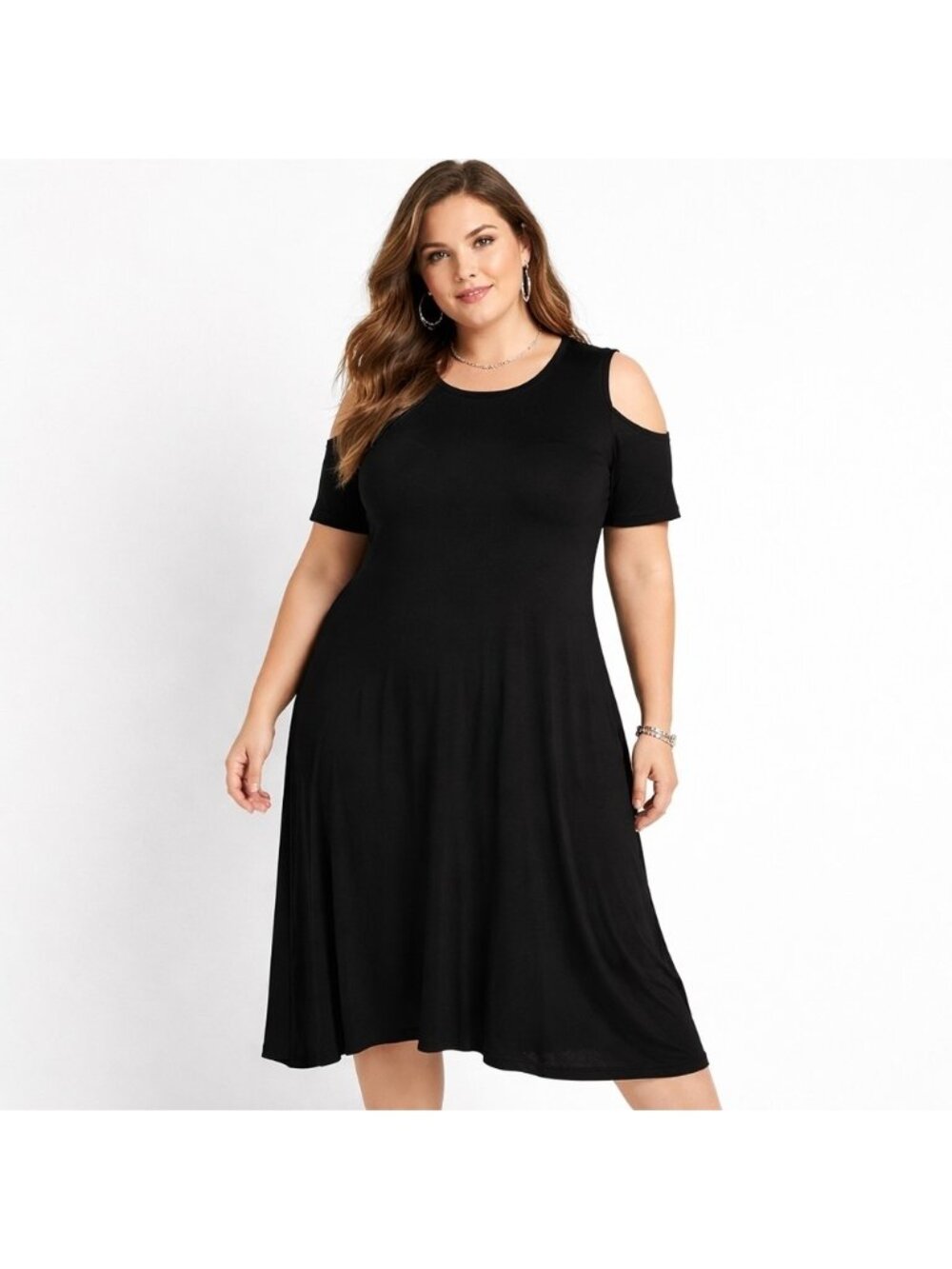Penningtons Black Maxi Dress Cold Shoulder Elbow Sleeves Stretchy Casual Cruise